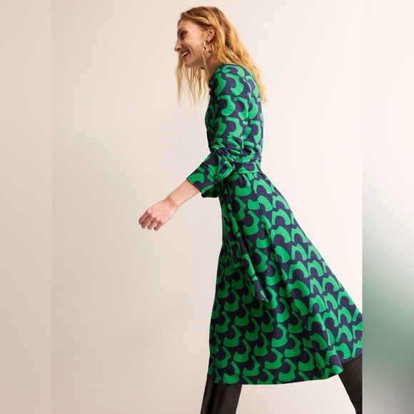 Boden Laura Green and Navy Geometric Print Midi Dress Tie Waist Long Sleeve 6P - Picture 4 of 12